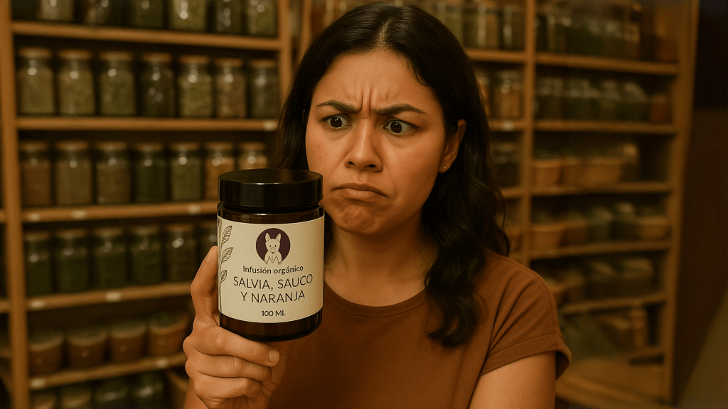Mujer con expresión de duda mirando un frasco de infusión orgánica de salvia, sauco y naranja, dentro de una tienda de hierbas naturales