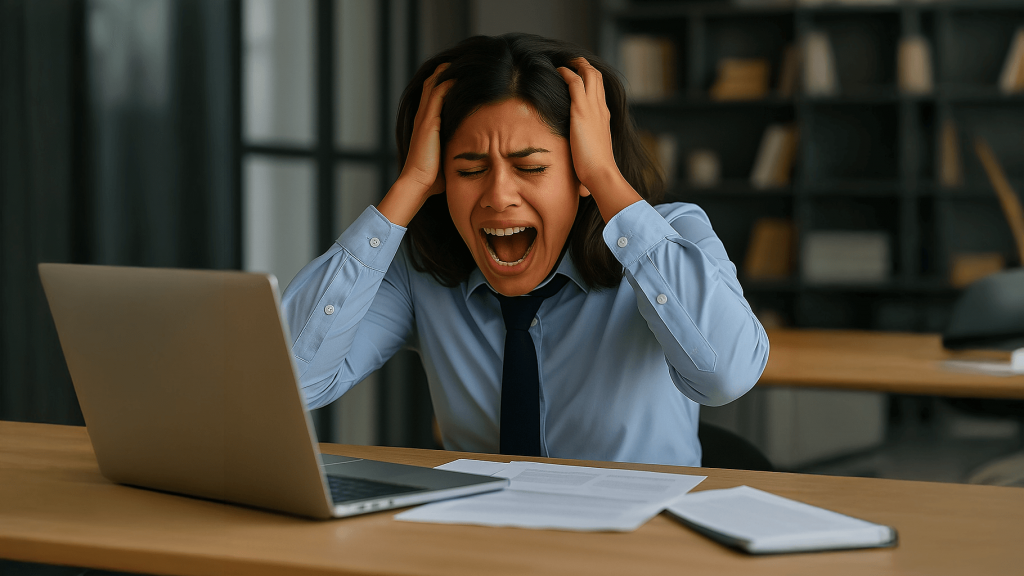Mujer joven gritando y llevándose las manos a la cabeza frente a su laptop en una oficina, mostrando estrés y frustración