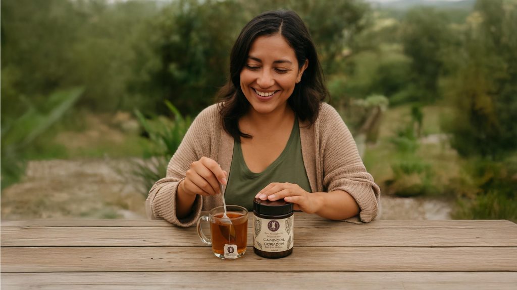Mujer sonriente en un jardín revolviendo una taza de infusión orgánica Camino al Corazón, disfrutando de un momento de tranquilidad al aire libre.